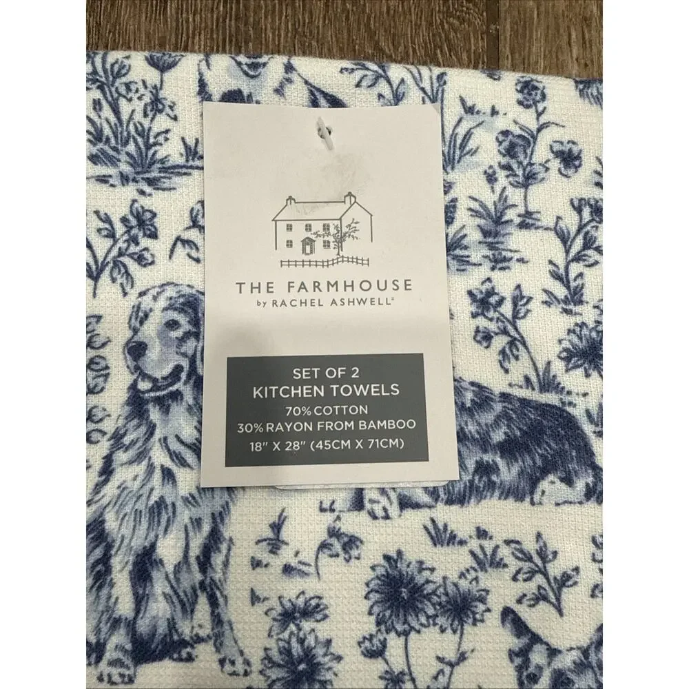 TWO Blue & White Dogs Toile Kitchen Towels Cotton Blend CORGI Shepherd Retriever